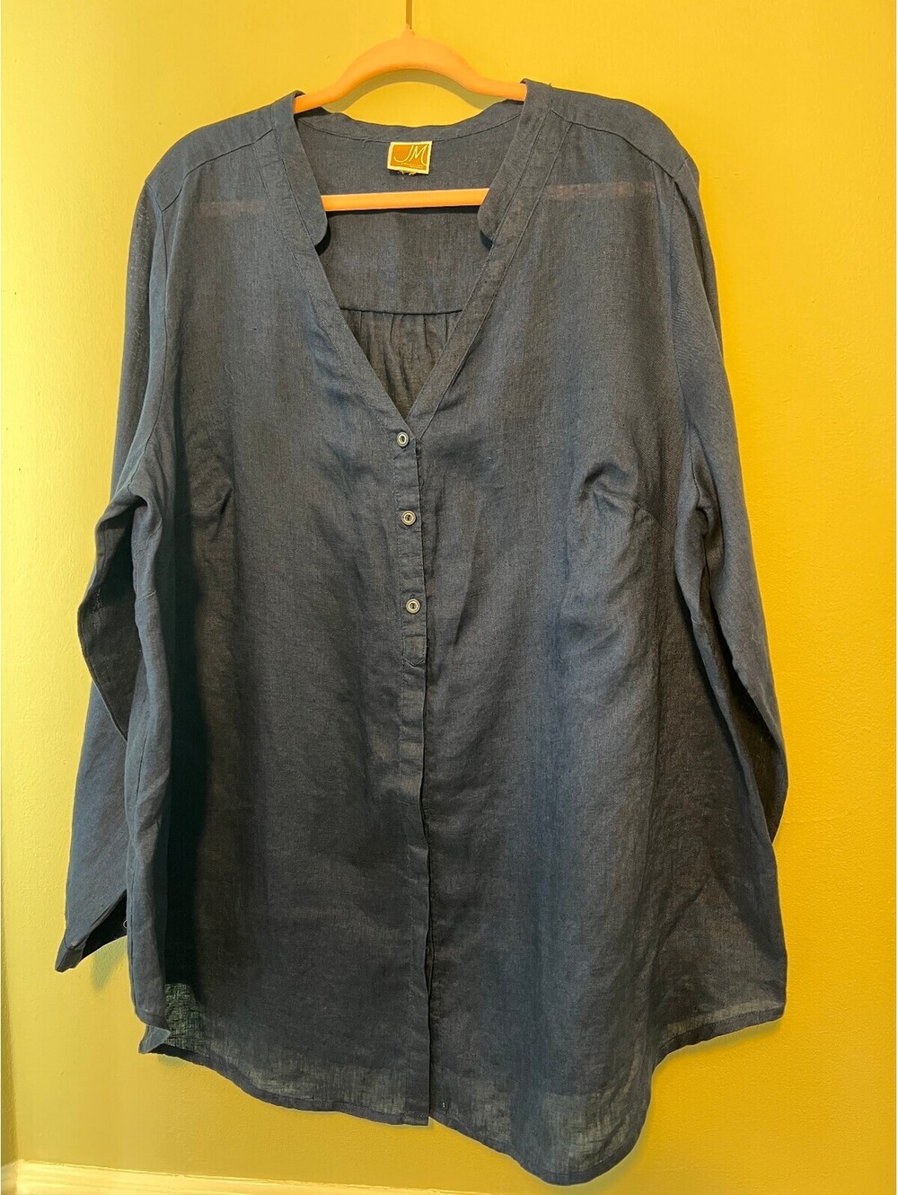JM Collection Navy Blue Linen Button-Up Blouse Size XLarge